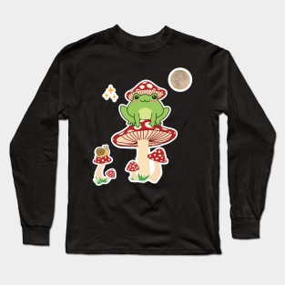Kiki The Frog, Cute frog with a hat mushroom on a mushroom in the forest -Sticker style- Long Sleeve T-Shirt